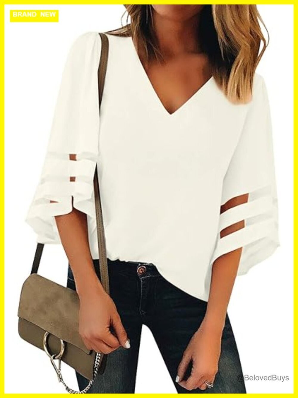 V Neck Bell Sleeve Blouse with Mesh Panel, Loose Fit, 3/4 Sleeve